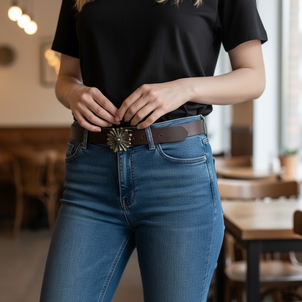 Y2K Boho Leather Belt w/ Chunky Brass Flower Buckle – Fits 30 - Picture 2 of 13